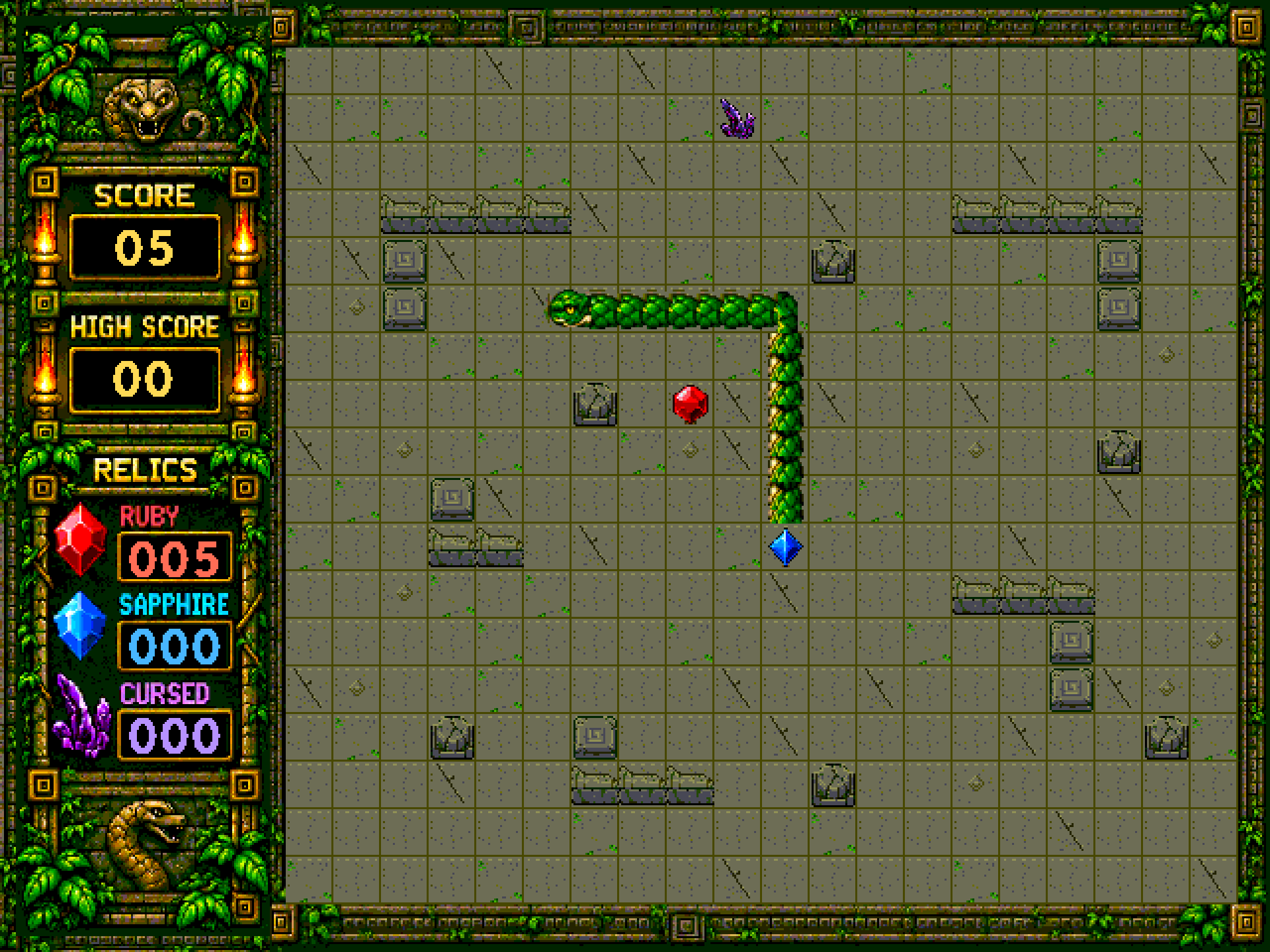 Gameplay showing a green serpent, colored relics, and stone obstacles inside the temple.