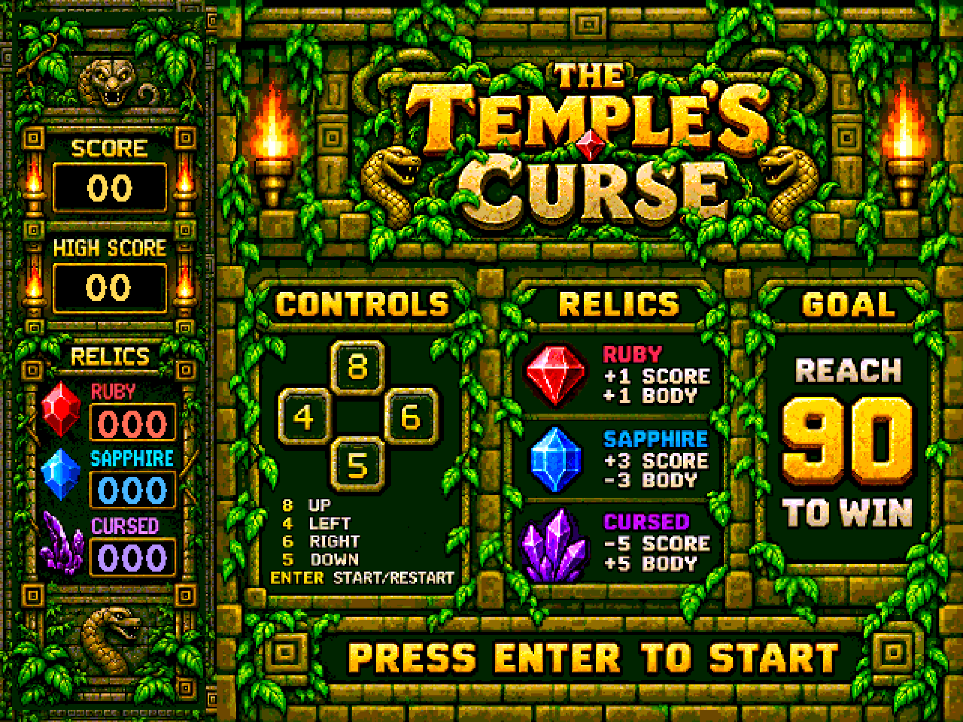 The Temple's Curse opening screen with jungle temple art, relics, and keyboard controls.